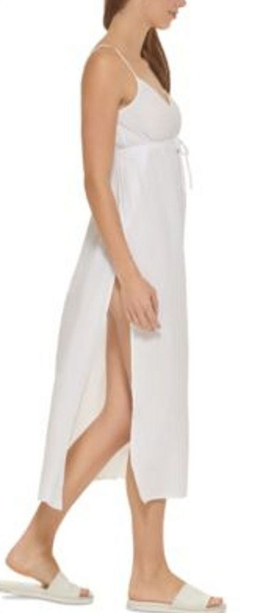 DKNY Women's V Neck Front Tie Maxi Dress Cover Up Swimsuit White Size XL