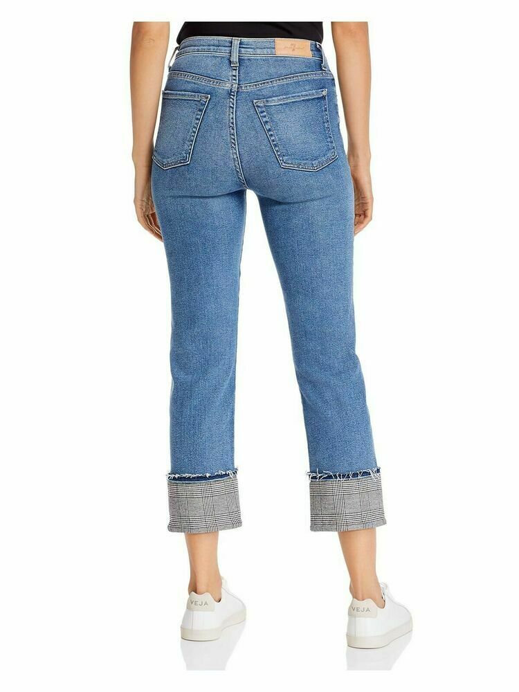 7 For All Mankind Cuffed Plaid-Trim Jeans Blue Womens Size 26 MSRP $225