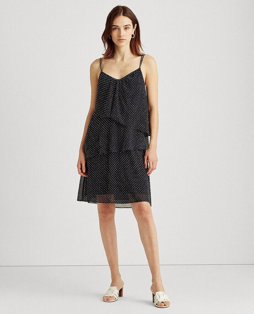 LAUREN Ralph Lauren womens Polka Dot Georgette Dress navy Size 14 MSRP $125