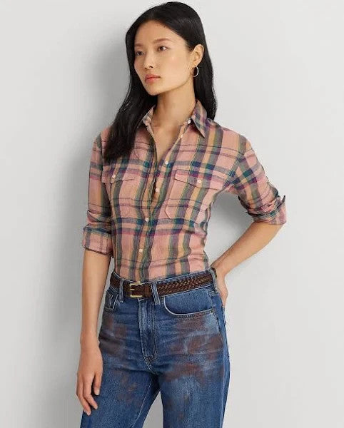 LAUREN RALPH LAUREN CHECKED PLAID LINEN SHIRT Pink Size M MSRP $145