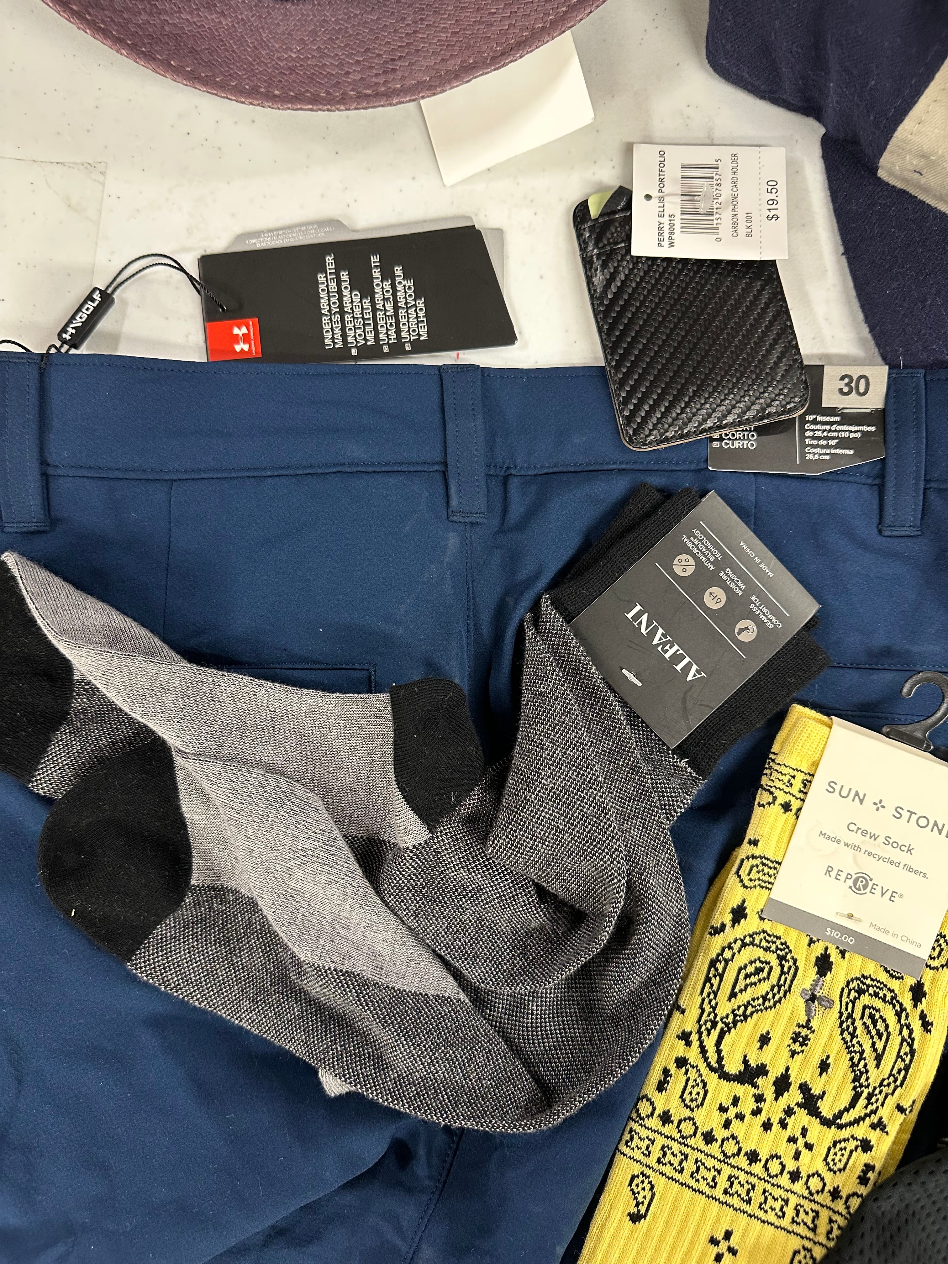 Men's Clothing & Other Assorted Wholesale Lot, NIKE, NEW ERA, JOHN VARVATOS, BAILEY, UNDER ARMOUR, HOT SOX and more, 13 items, CUSTOMER RETURNS