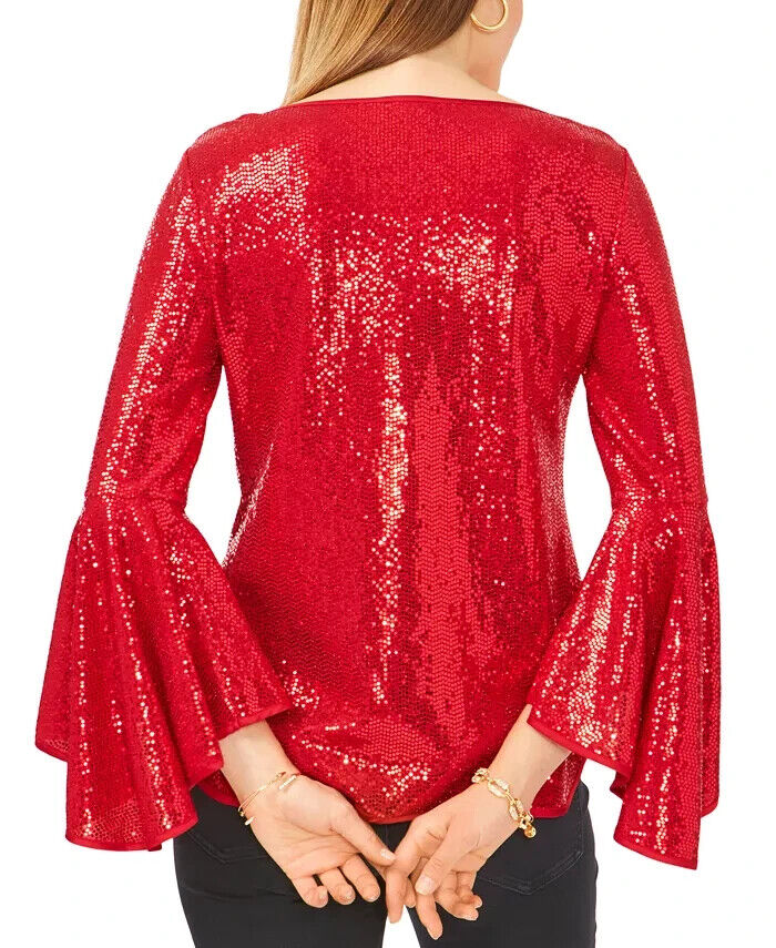 VINCE CAMUTO Metallic Knit Flutter Sleeve Top Size S Red MSRP $89