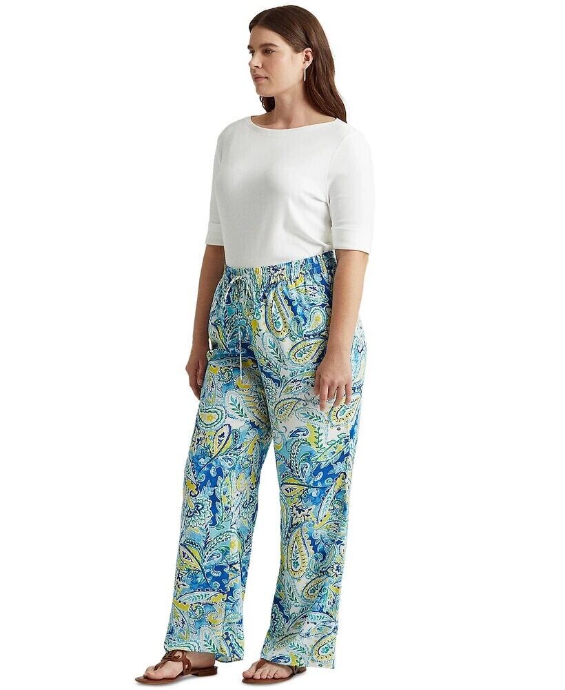 LAUREN Ralph Lauren Womens Plus Paisley Crepe Wide Pants Blue Size 1X MSRP $135