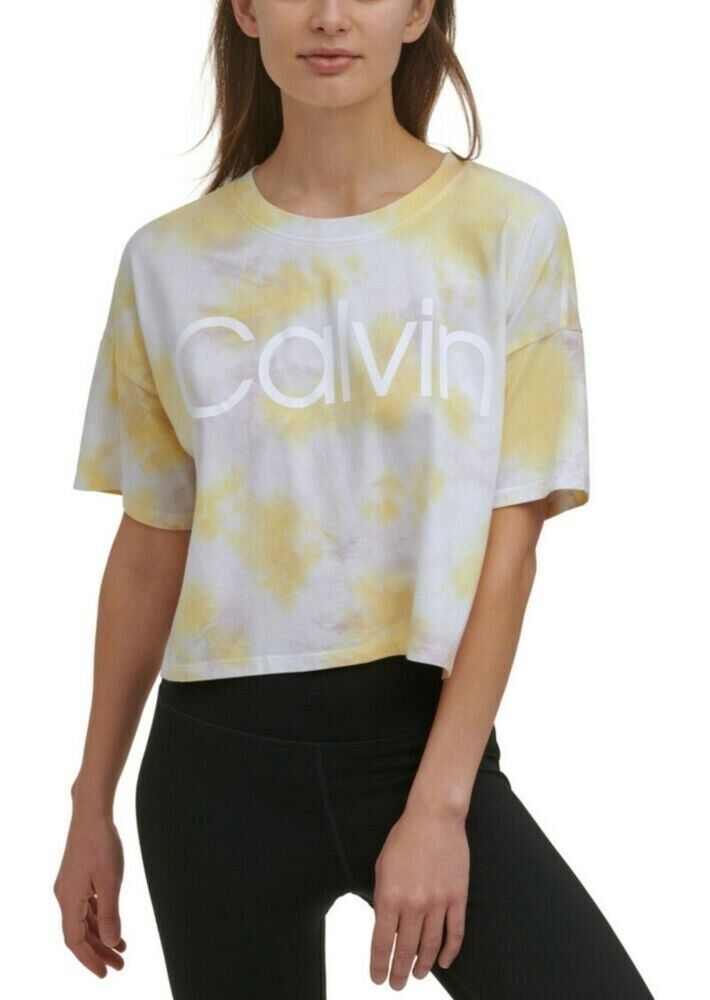 Calvin Klein Performance Cropped Tie-Dyed T-Shirt Gray Yellow Size L MSRP $45