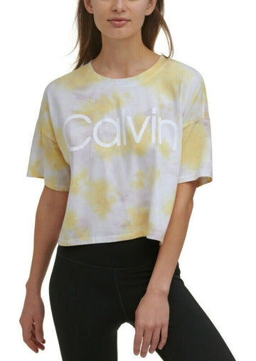 Calvin Klein Performance Cropped Tie-Dyed T-Shirt Gray Yellow Size L MSRP $45