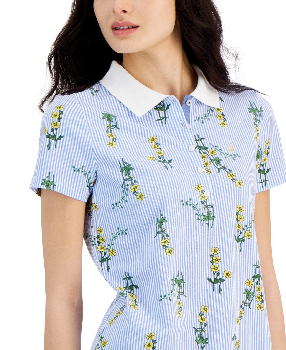 Nautica Jeans Women's Floral-Print Short-Sleeve Polo Shirt Blue Size M MSRP $45