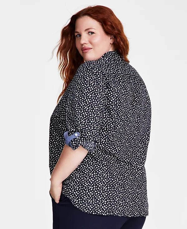 Tommy Hilfiger Plus Size Cotton Printed Roll-Tab Shirt BLACK Size 0X MSRP $80