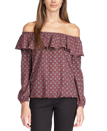 Michael Kors Printed Ruffled Off-The-Shoulder Top Red Wine Size XS MSRP $88