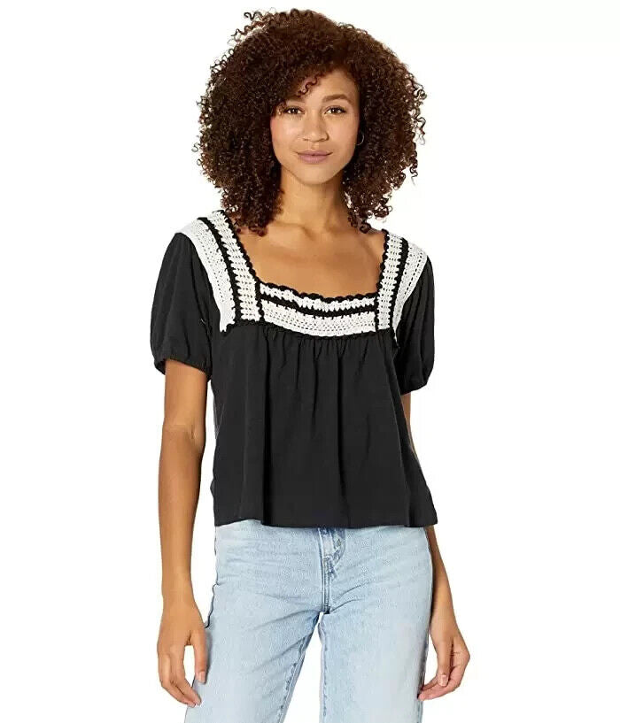 Lucky Brand Crochet Square Neck Cotton Knit Top Black Size XS MSRP $70