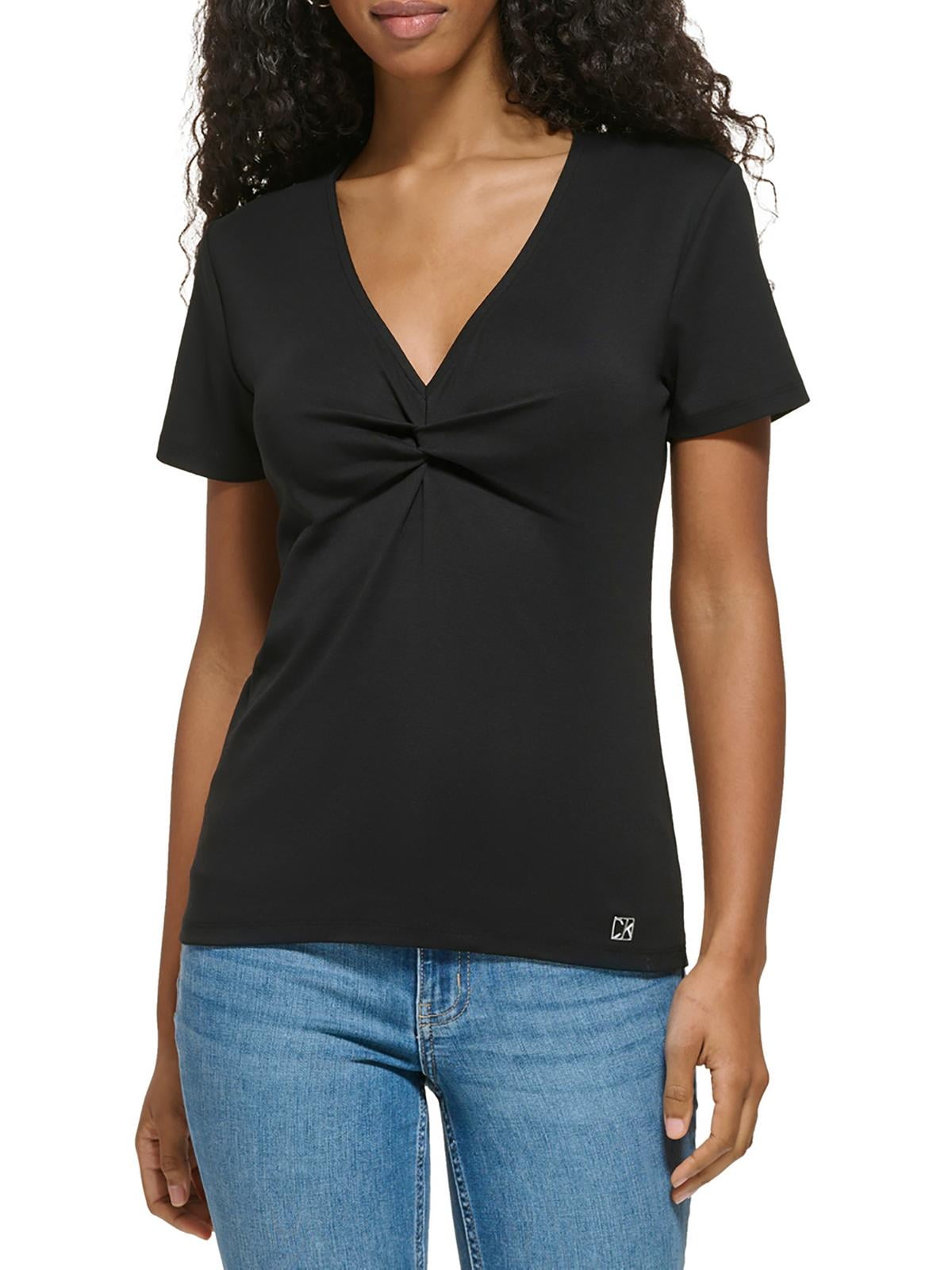 Calvin Klein Womens Twisted V-Neck Pullover Top Black Size S MSRP $39