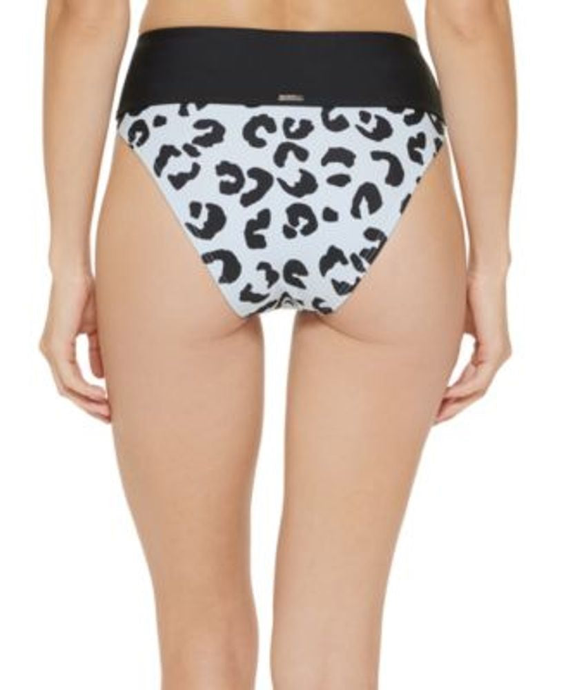 DKNY Women's Printed High Waist Bikini Bottom Swimsuit Black Size M Blue Black