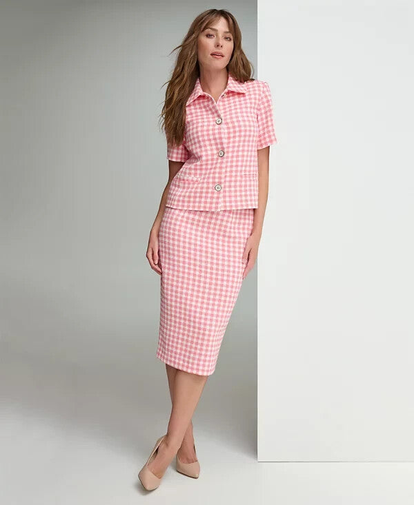 Tommy Hilfiger Women's Gingham Short-Sleeve Jacket Pink Size 4 MSRP $129