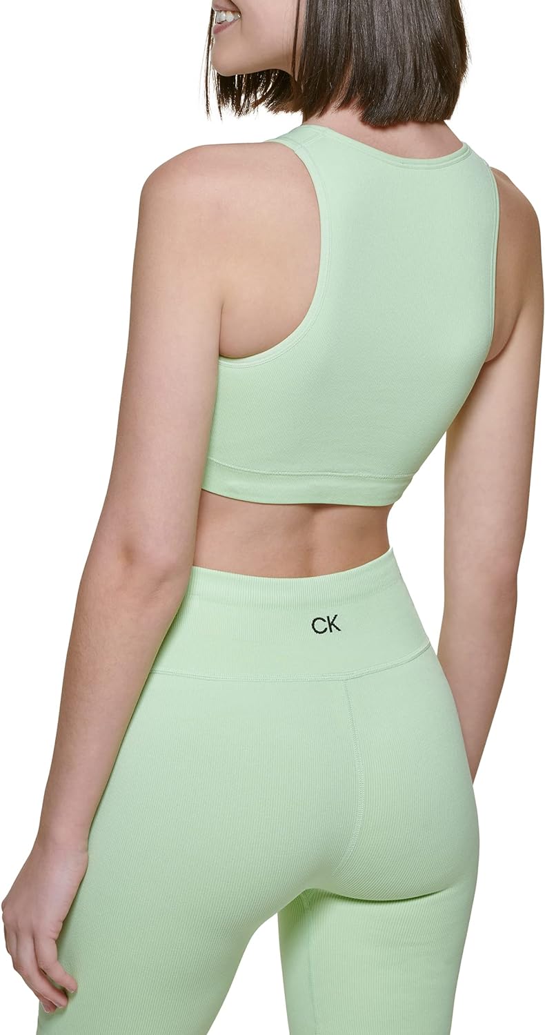 Calvin Klein Thin Rib V-Neck Sports Bra w/ Removable Cups, Key Lime, Medium