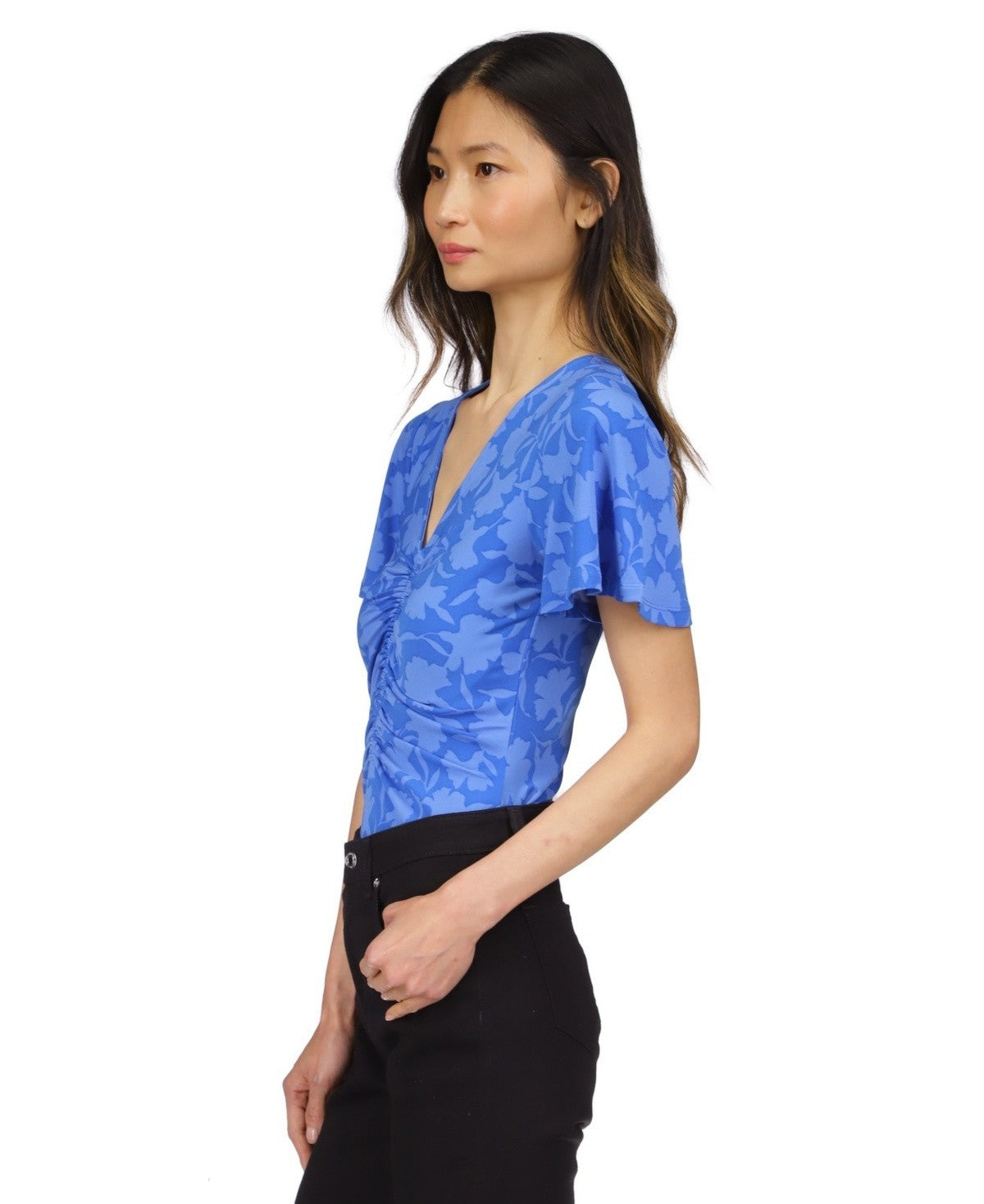 Michael Kors Women's Printed Ruched Flutter-Sleeve Top Blue Size XS MSRP $88