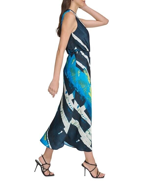 Dkny Printed Satin Maxi Dress BLUE Size 0 MSRP $149