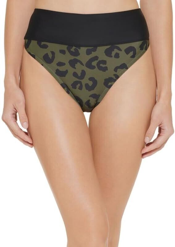 DKNY Women's Printed High-Waist Bikini Bottom Moss Green Size XL MSRP $58