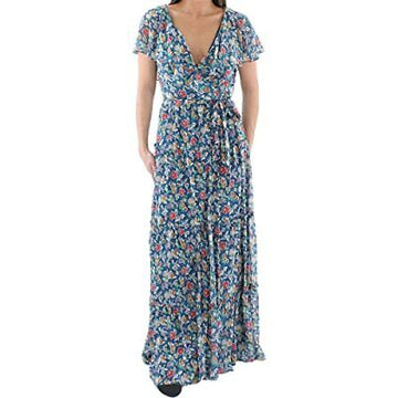 Lauren Ralph Lauren Womens Floral Ruffled Maxi Dress Blue Size 10