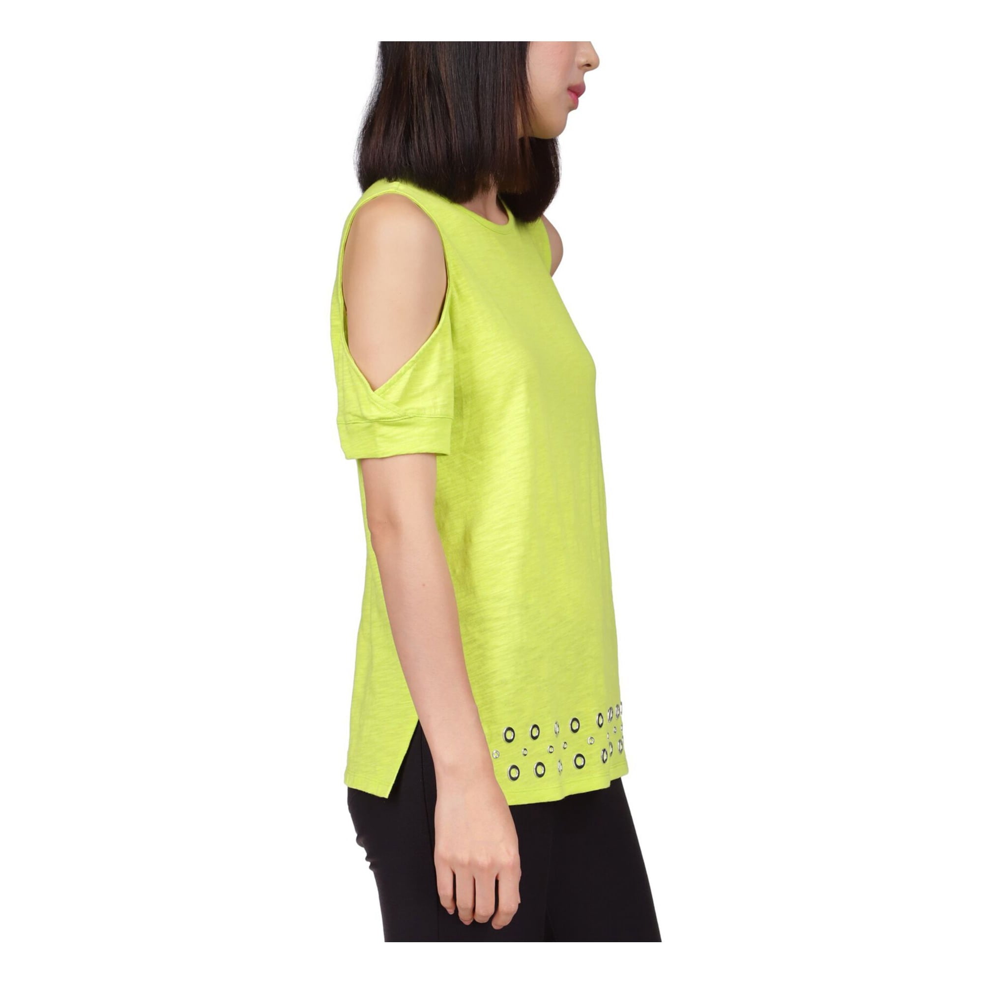 MICHAEL KORS Womens Green Embellished Hem Short Sleeve Crew Neck Top Size M