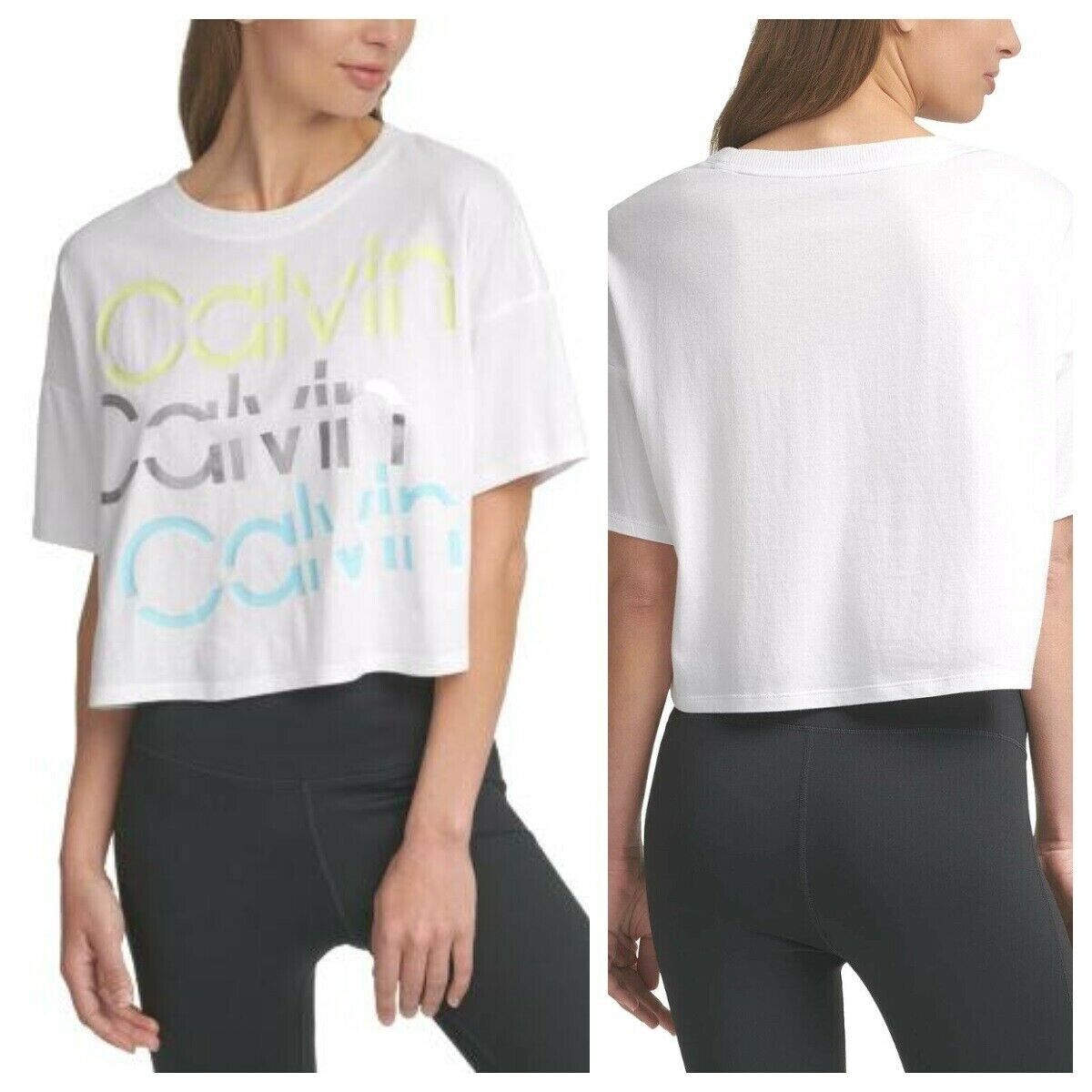 Calvin Klein Performance Sliced Logo Cropped TShirt Womens White Size L MSRP $40