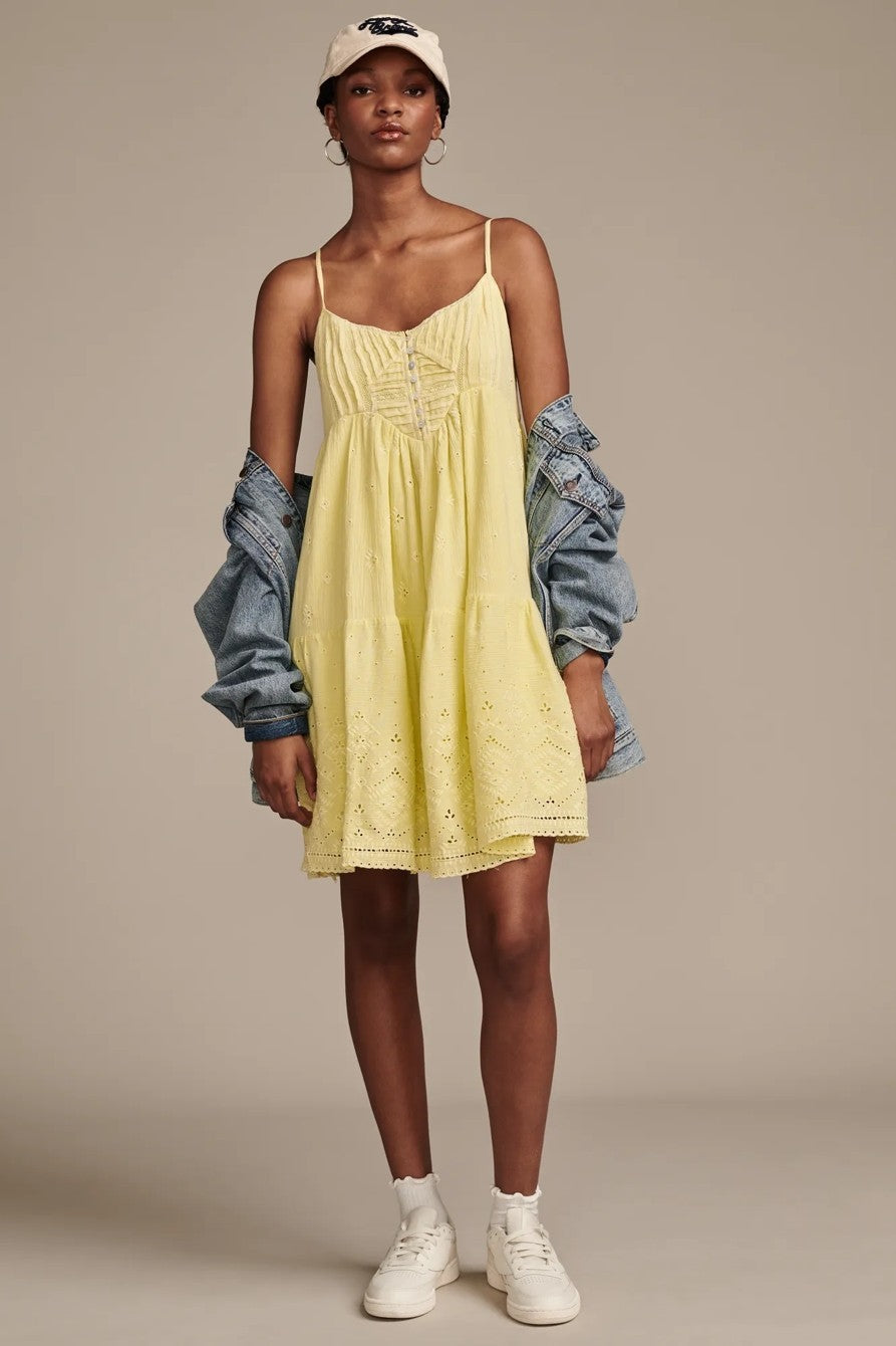 Lucky Brand pintuck bodice tiered mini dress Lemon Yellow Size L MSRP $119
