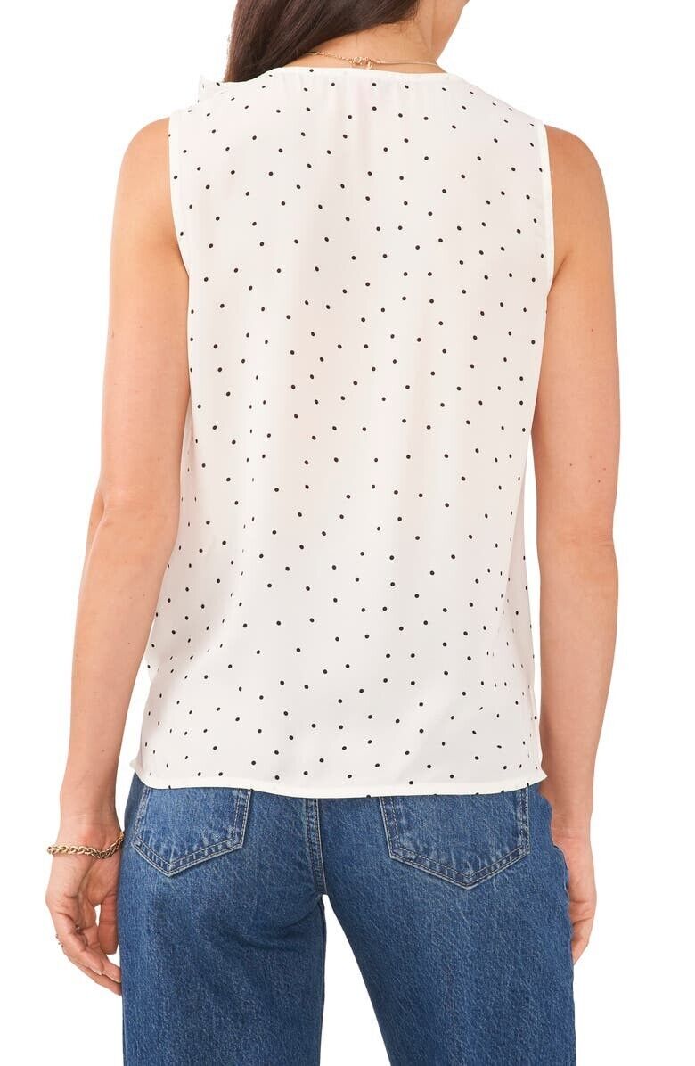 Vince Camuto Sleeveless V-Neck Ruffle Front Pindot Blouse Ivory Size S MSRP $69