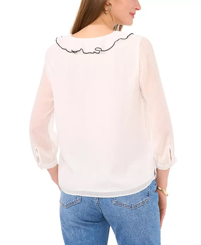 Vince Camuto Women's Ruffled Piping 3/4-Sleeve Relaxed Blouse White Size S