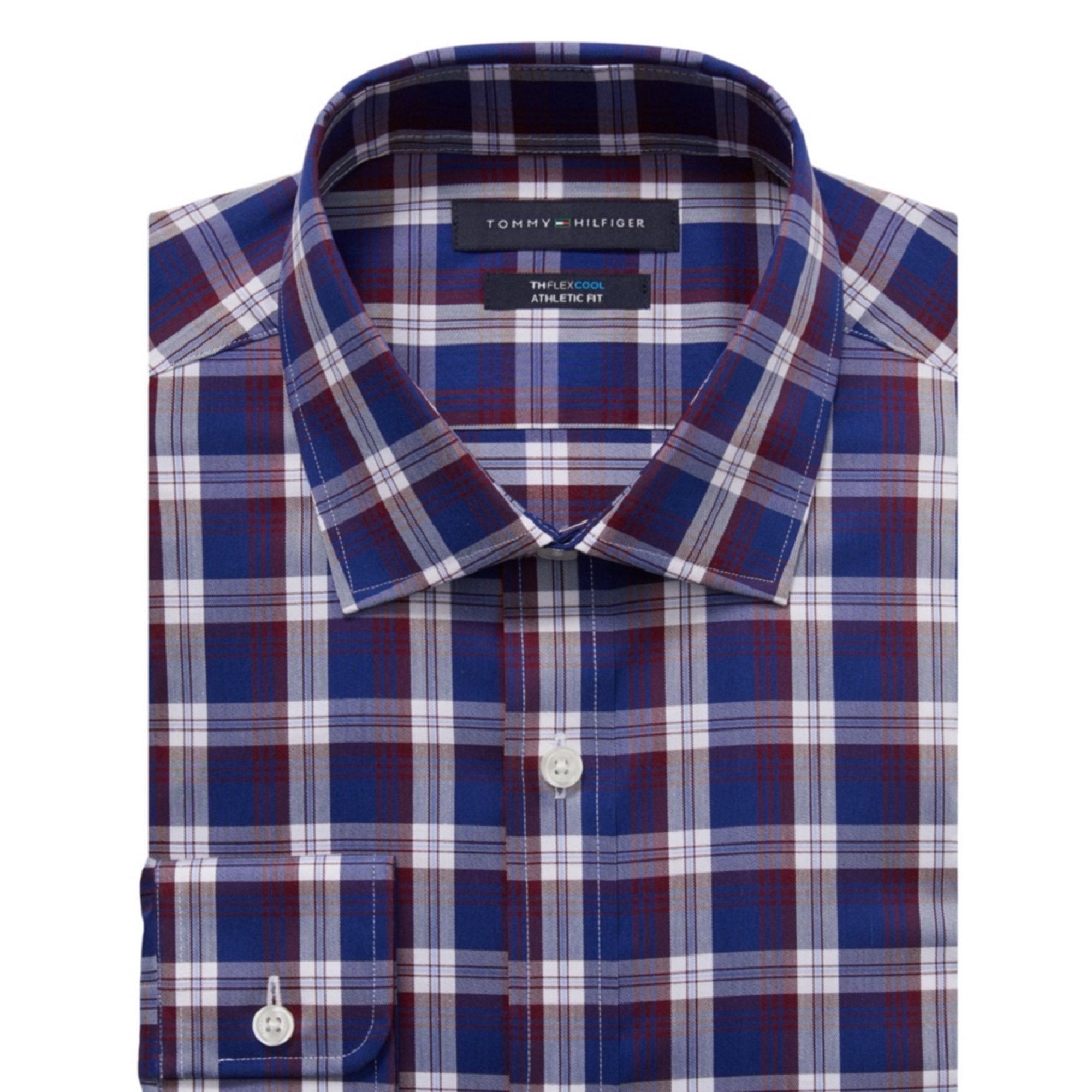Tommy Hilfiger Men's Flex Cool Athletic Fit Dress Shirt Burgundy Navy 17.5 36 37