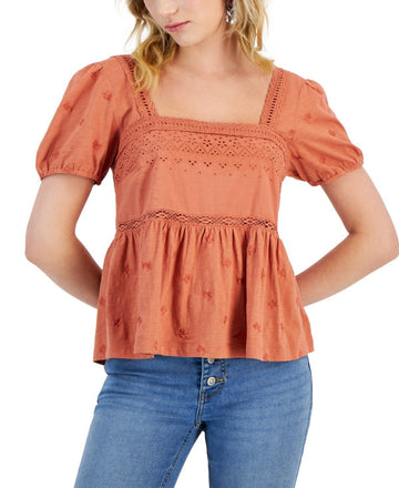 LUCKY BRAND Cotton Schiffley Embroidered Peplum-Hem Top Brick Red Size XL $90