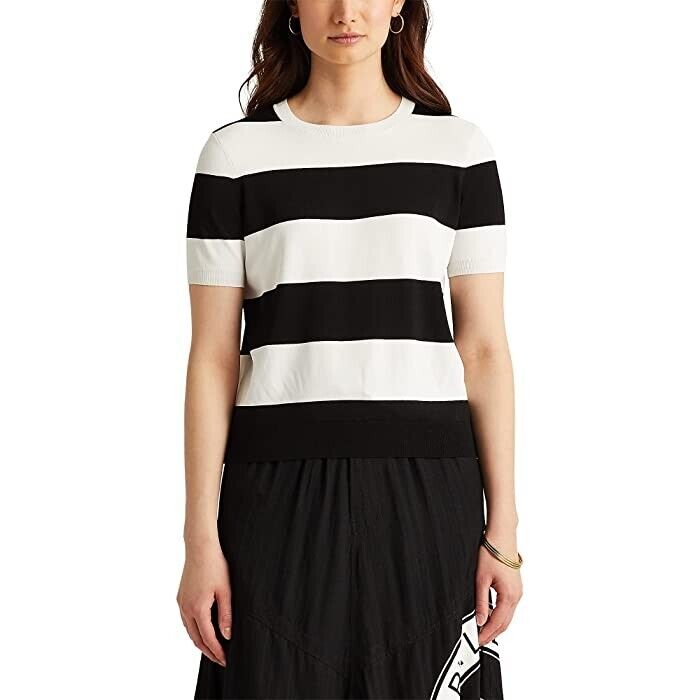 LAUREN Ralph Lauren Striped Short Sleeve Sweater Black White Size XL