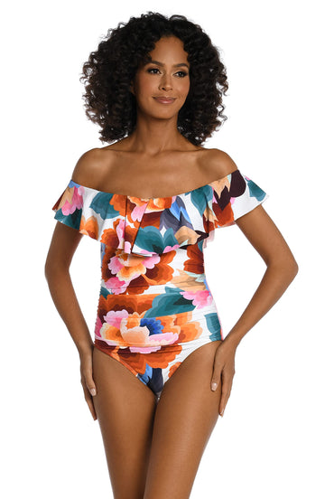 La Blanca Womens Off Shoulder Ruffle One Piece Swimsuit Multi Size 20 Plus