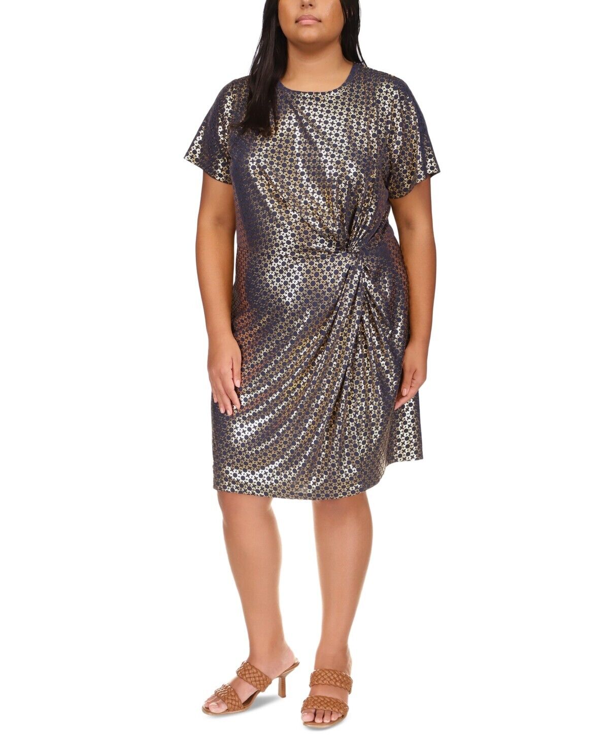 Michael Michael Kors Plus Size 3X Foil-Print Short-Sleeve Dress Blue MSRP $135