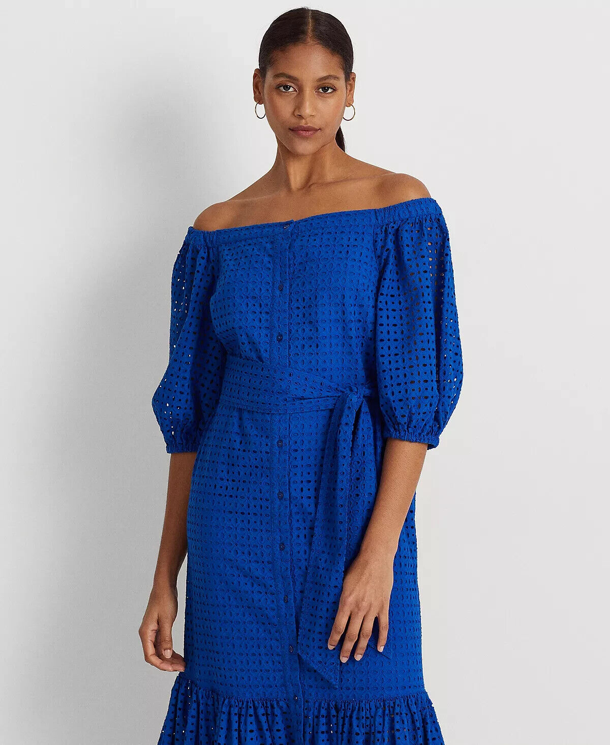 Lauren Ralph Lauren Women Eyelet Cotton Off the Shoulder Dress Blue Size 14 $265