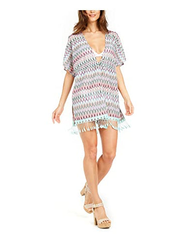 Miken Women's Flame Stitch Fringe Kimono, Size S Pink/Turquoise