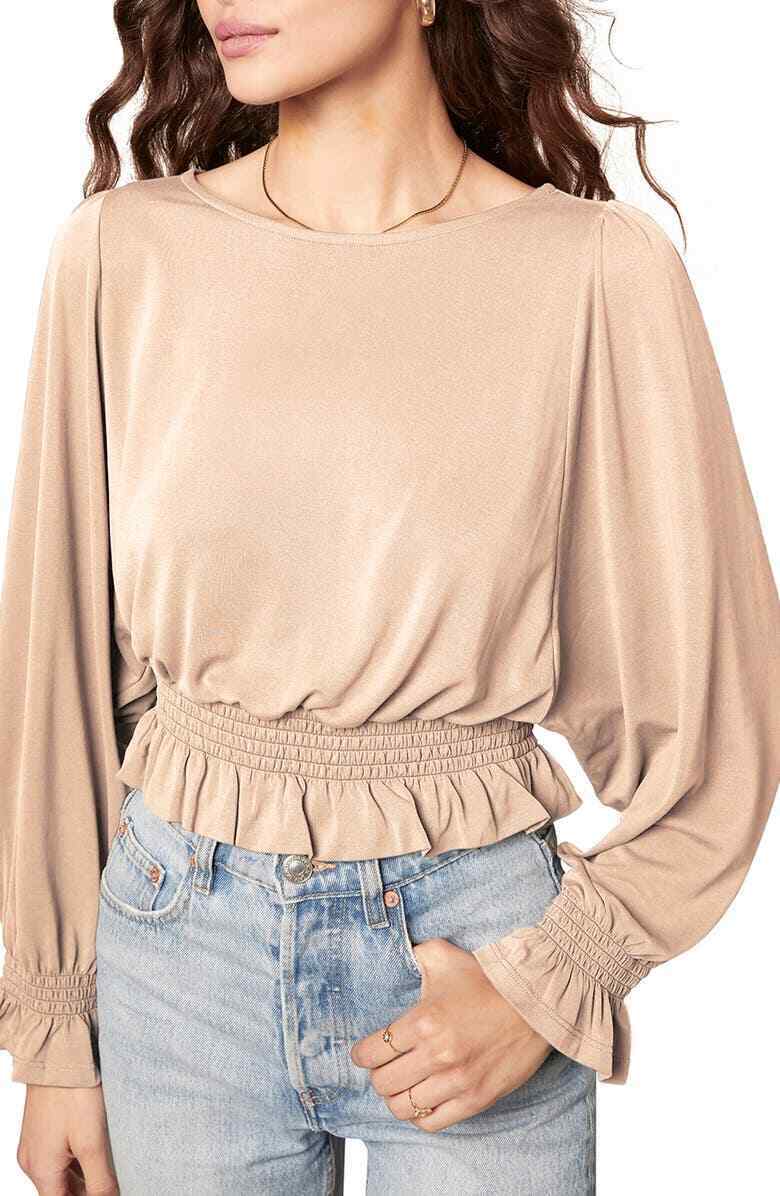 BB Dakota Sleeve To Believe Smocked Top Womens light brown Size L MSRP $59