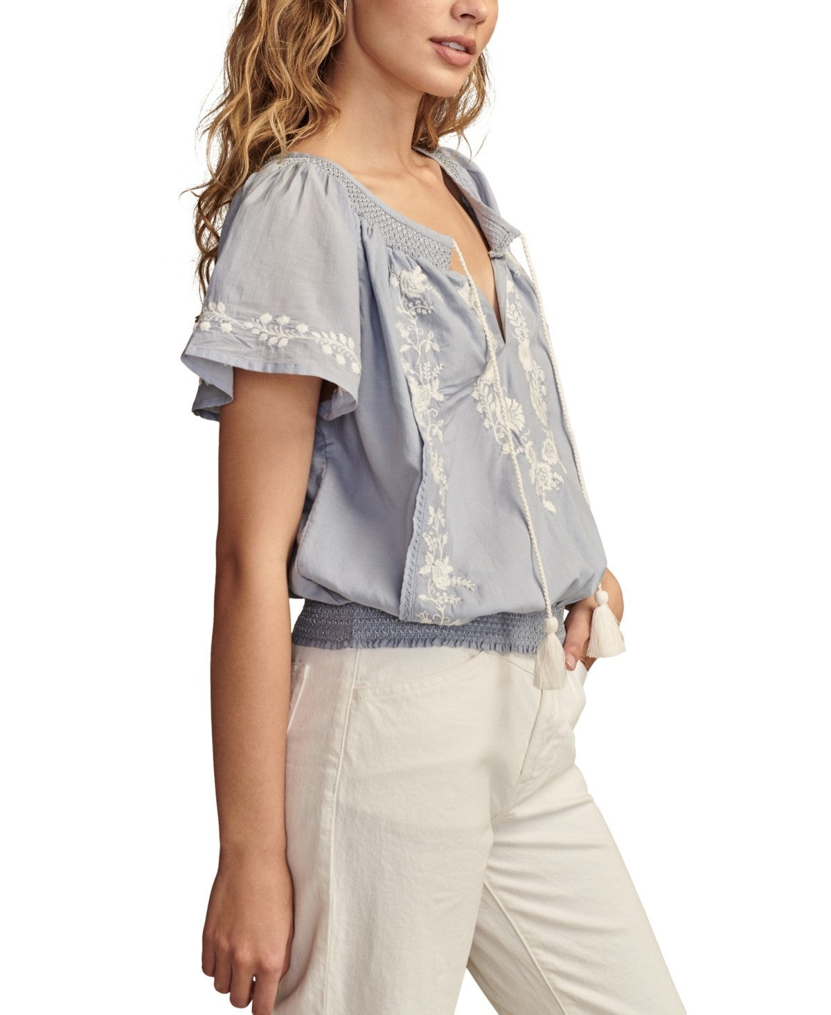 Lucky Brand Women's Embroidered Flutter-Sleeve Top Blue Size XL MSRP $90