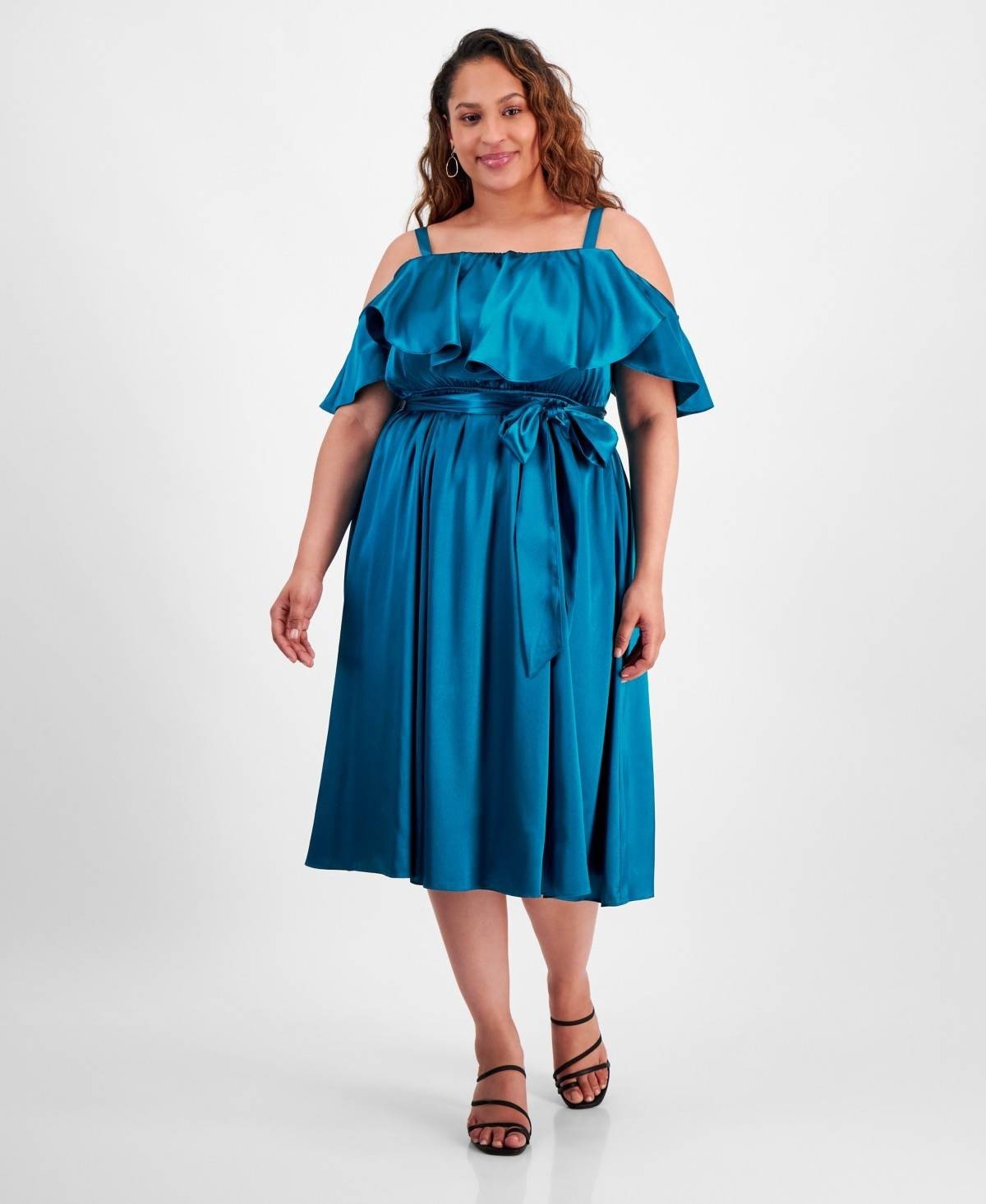 City Studios Ruffled Square-Neck Cold-Shoulder Midi Dress Blue Plus Size 2X $89