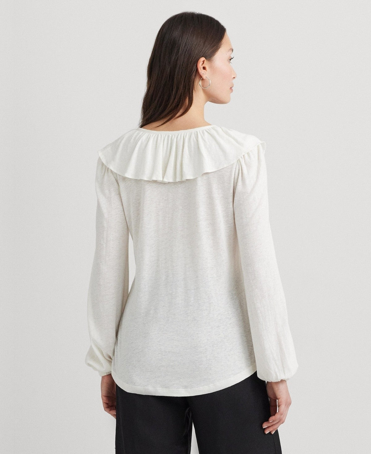 Lauren Ralph Lauren Women's Ruffled Blouson-Sleeve Top Ivory Size L MSRP $115