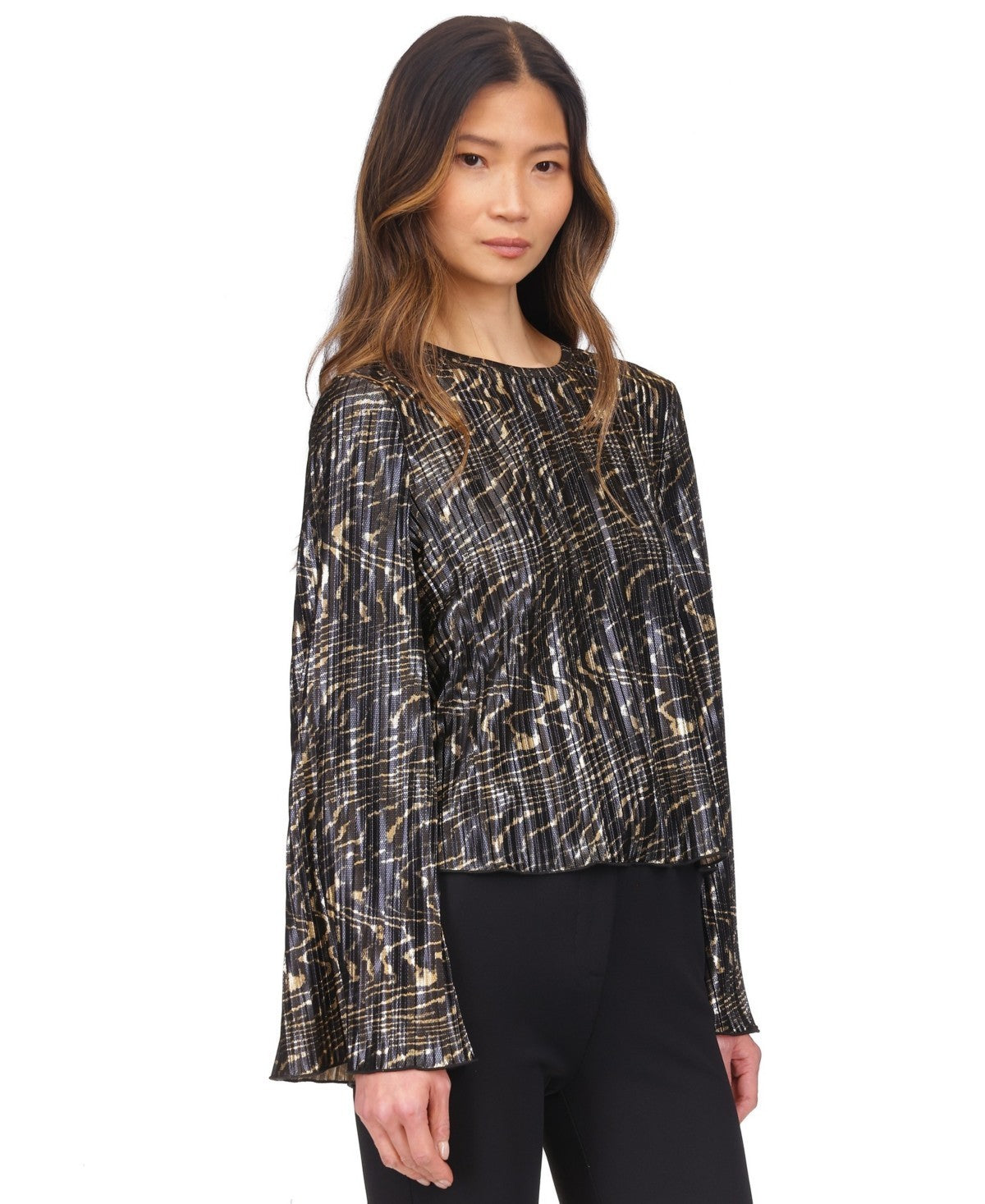 Michael Kors Women Printed Pleated Bell-Sleeve Top Black Gold Size XL MSRP $110