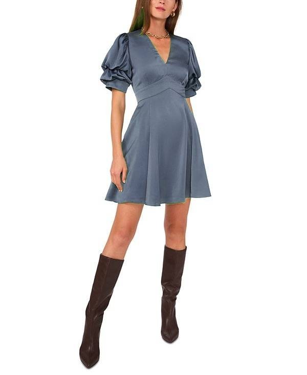 1.STATE Women's Tiered Bubble-Sleeve V-Neck Mini Dress Blue Size M