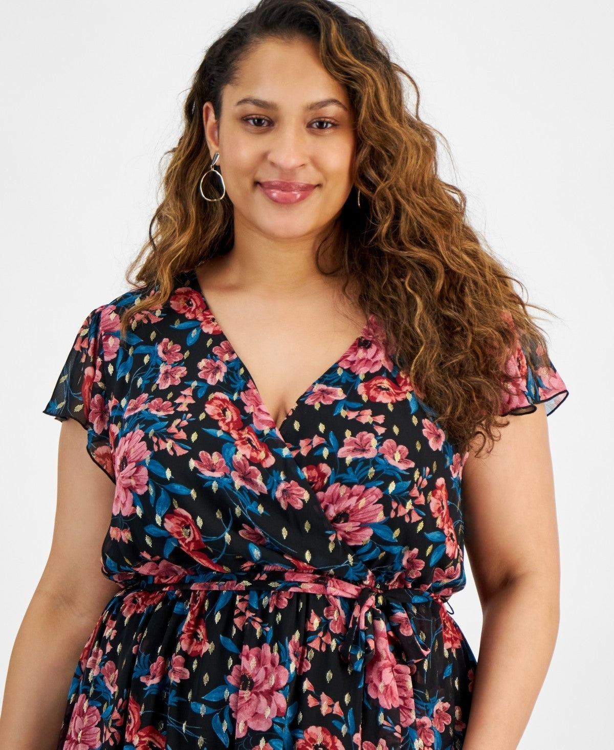 City Studios Floral Flutter-Sleeve Faux-Wrap Midi Dress Black Plus Size 2X $99