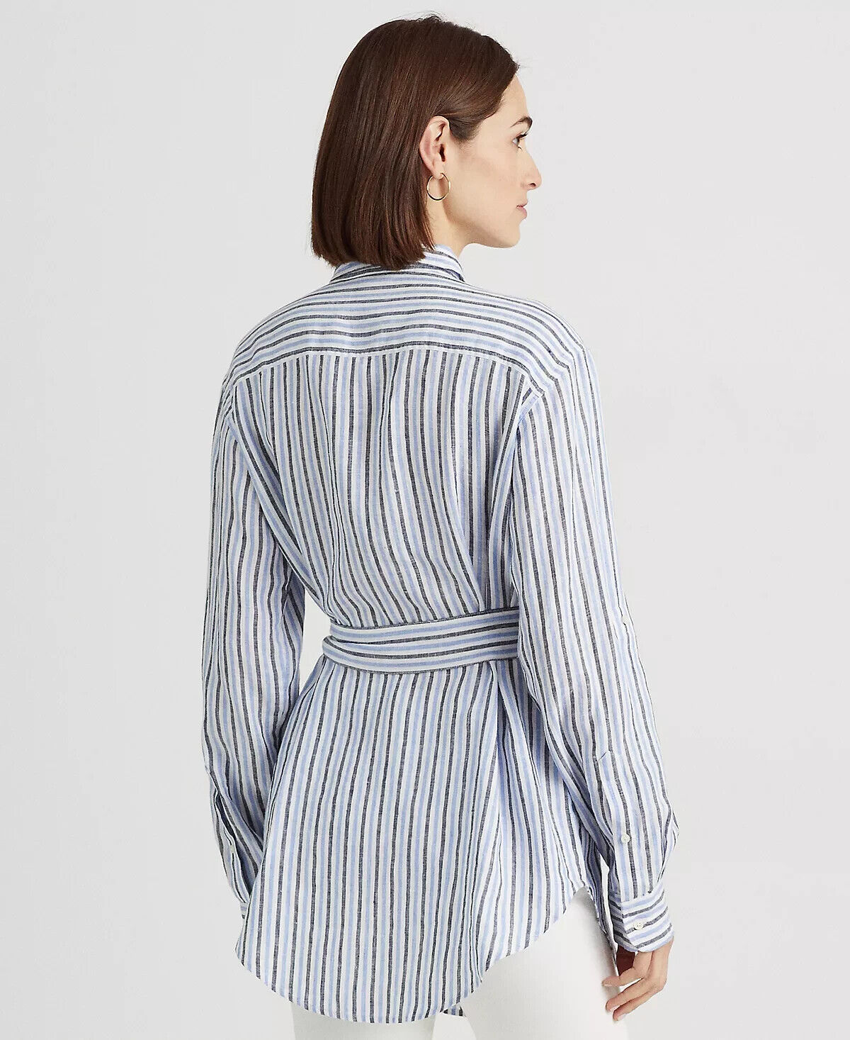 LAUREN Ralph Lauren Striped Belted Linen Shirt Blue White Size XL MSRP $135