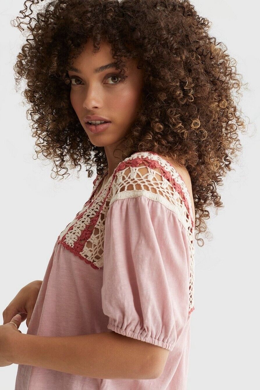 Lucky Brand Women's Square Neck Crochet Top Pink Size XS MSRP $70