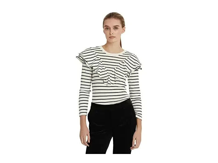 Lauren Ralph Lauren Womens Cream Striped Ruffle-Trim Long-Sleeve Top XS MSRP $80