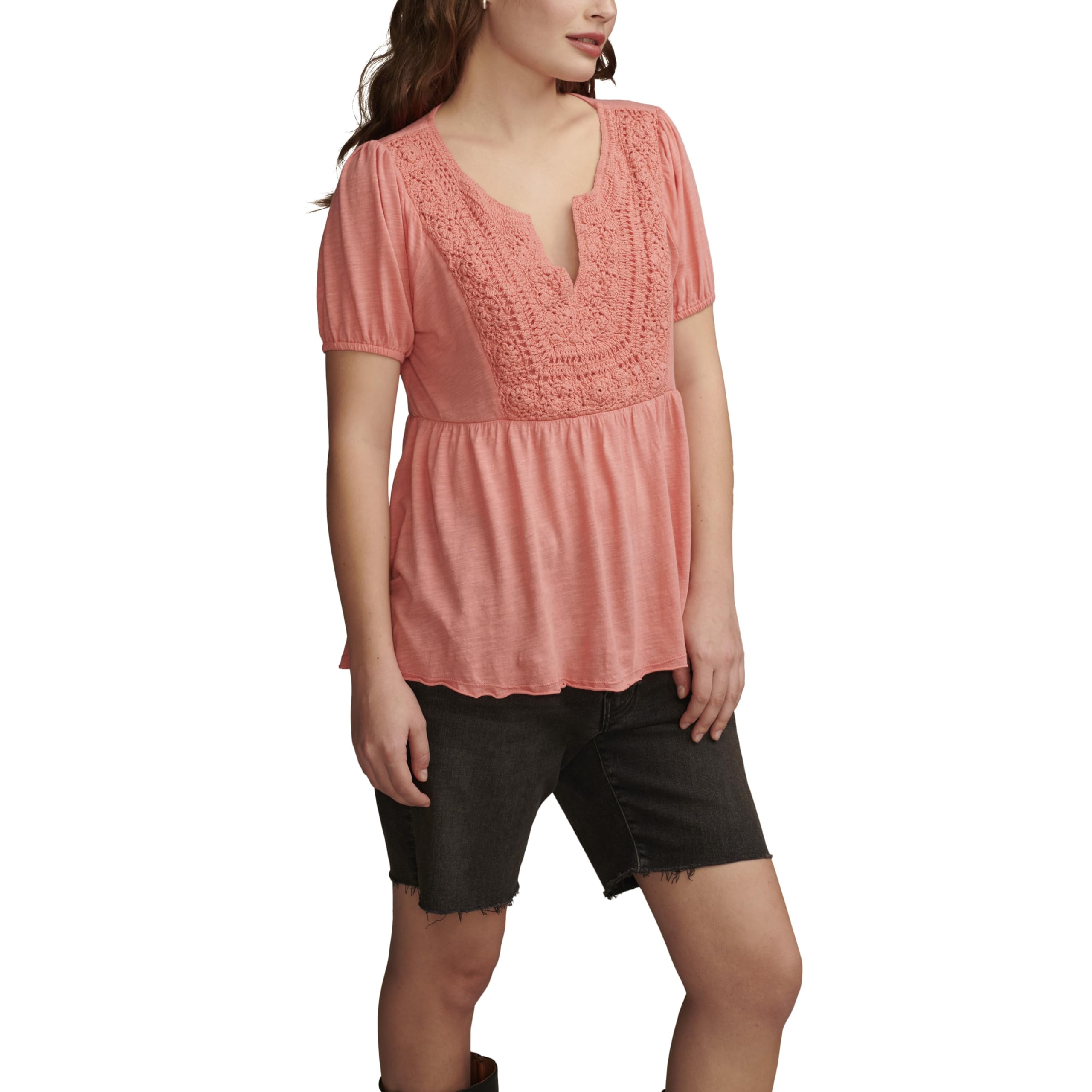 Lucky Brand Women's Crochet Yoke Babydoll Top, Peach Blossom Size L