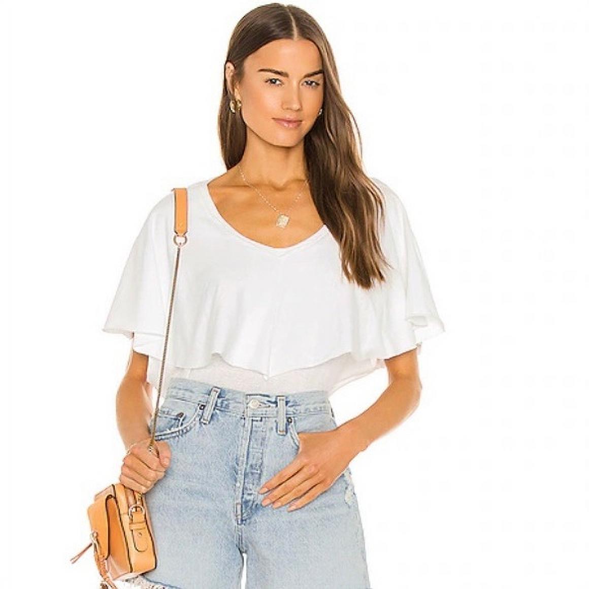 FREE PEOPLE Womens White Ruffled Short Sleeve Scoop Neck Top Size L