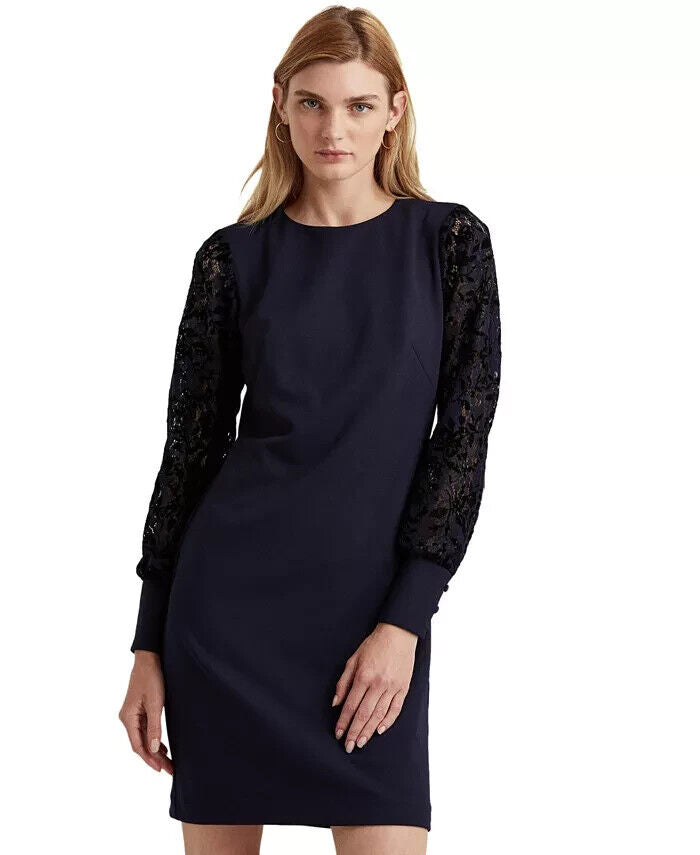 LAUREN Ralph Lauren Jersey Lace-Sleeve Dress Navy Blue Size 14 MSRP $155
