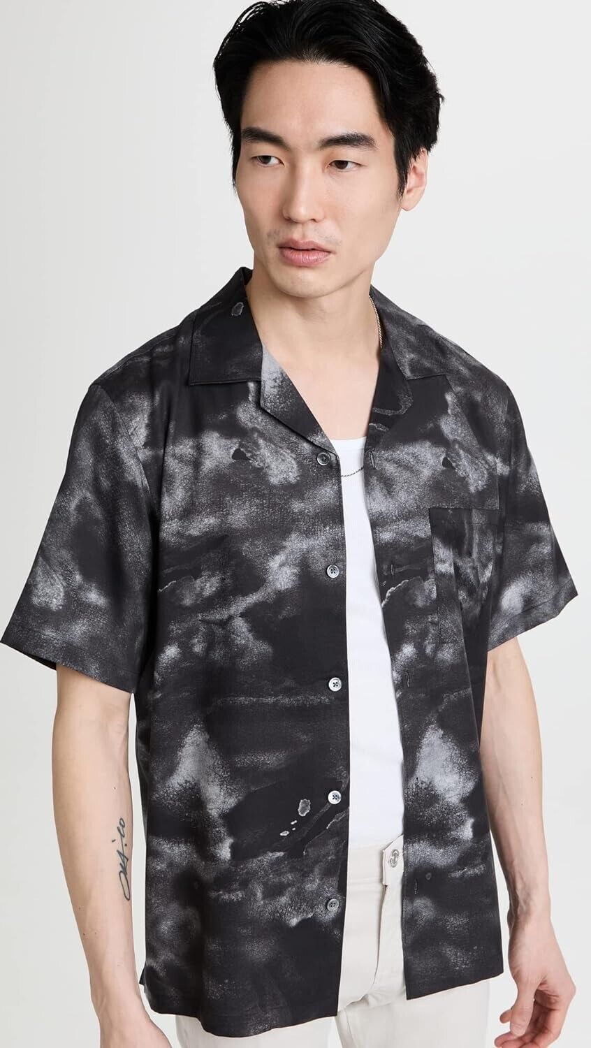 Theory Noll Cloud Print Short Sleeve Button-Up Camp Shirt in Black Size S $165