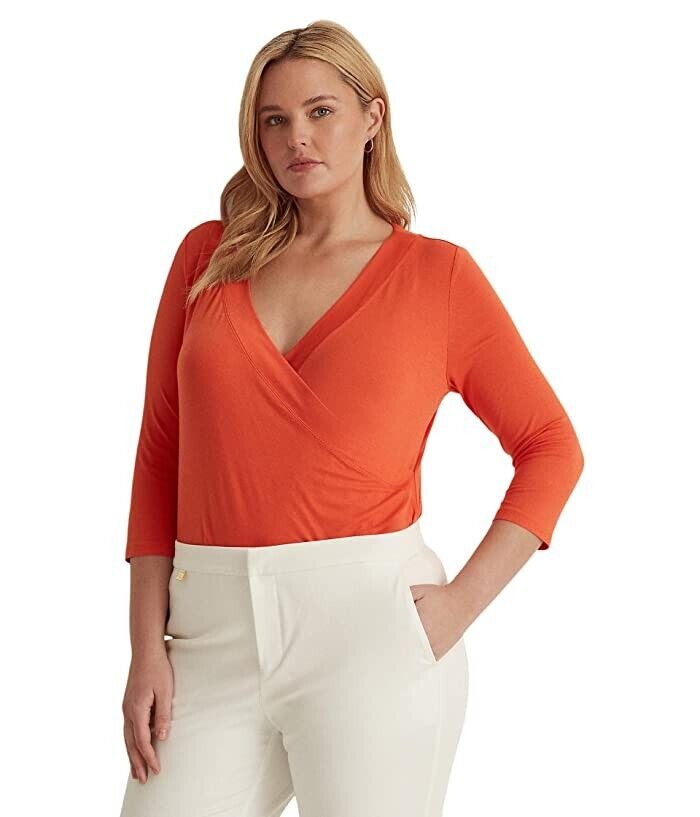 RALPH LAUREN Womens Orange Pleated 3/4 Sleeve Top Size 1X MSRP $75