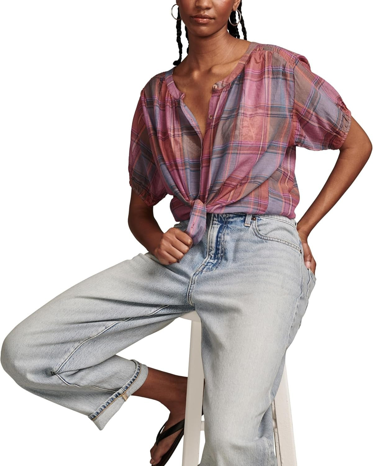 Lucky Brand Women's Cotton Plaid Smocked-Shoulder Blouse Pink Size M MSRP $80
