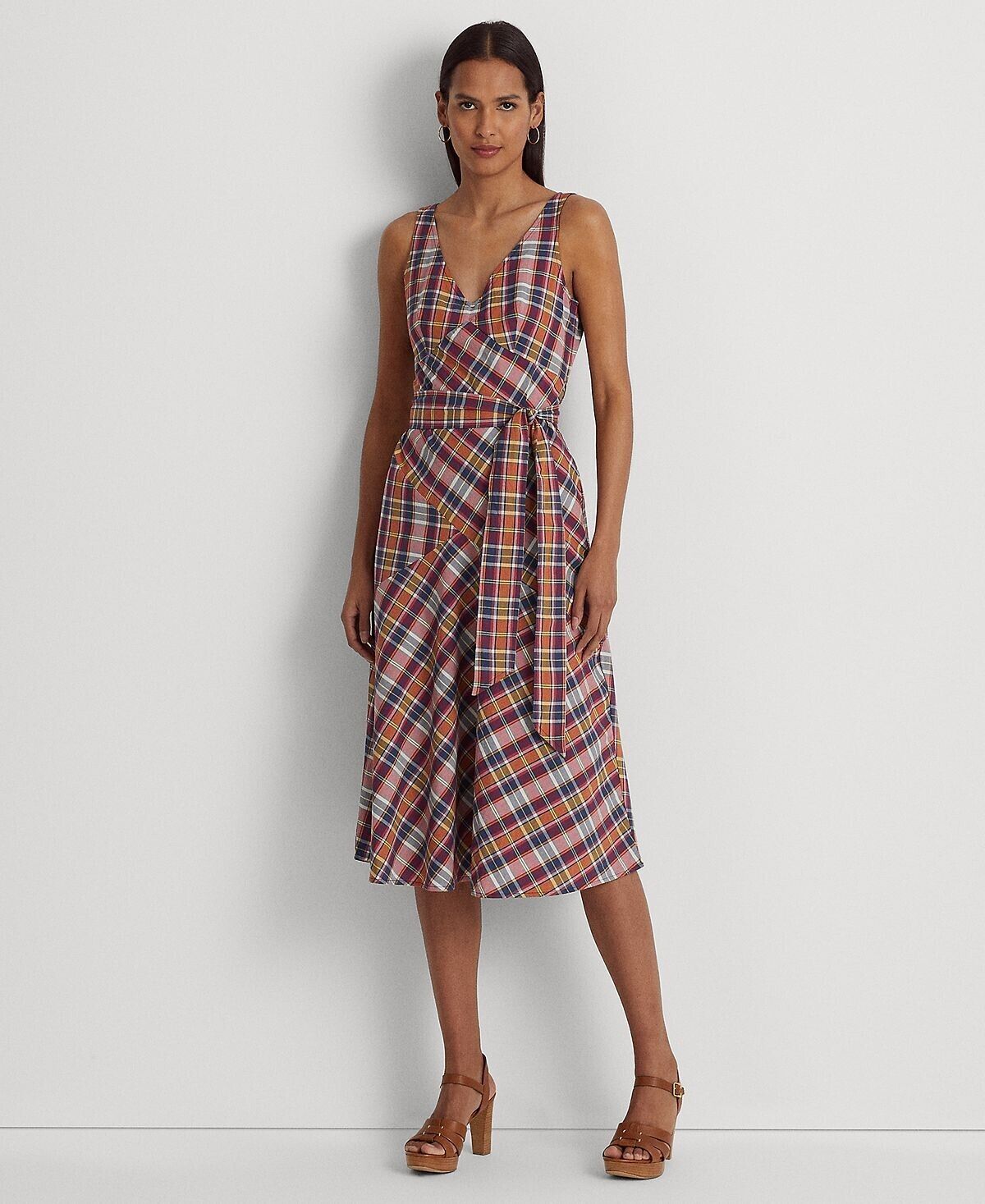 LAUREN Ralph Lauren Belted Cotton Madras Dress Purple Navy Size 10 MSRP $195
